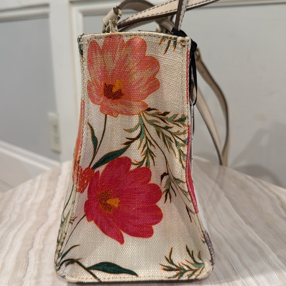 Kate Spade Bag Sam 25th Anniversary Cream Linen Floral Tote with Leather Trim - Picture 7 of 17